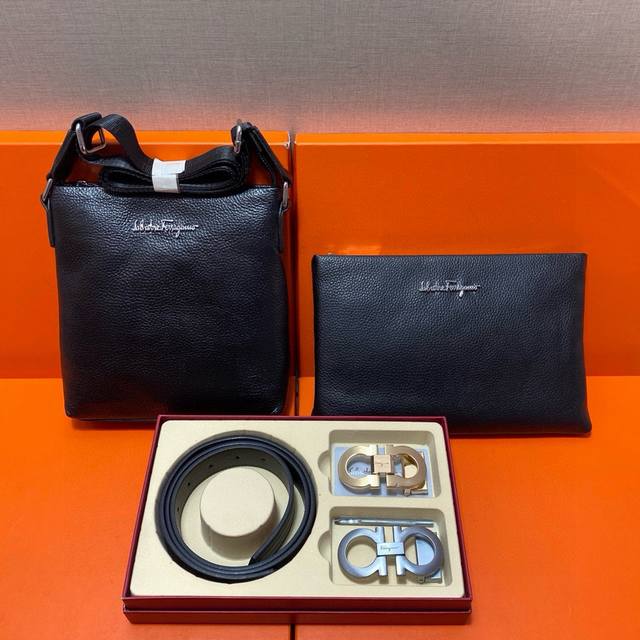 Ferragamo First-Layer Leather Combination Gift Box Packaging Belt Two Bags Super