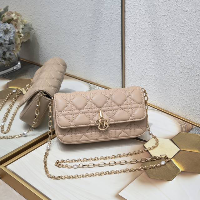 With Box Lady Dior Mobile Phone Bag Apricot Gold Buckle This Lady Dior Mobile Ph