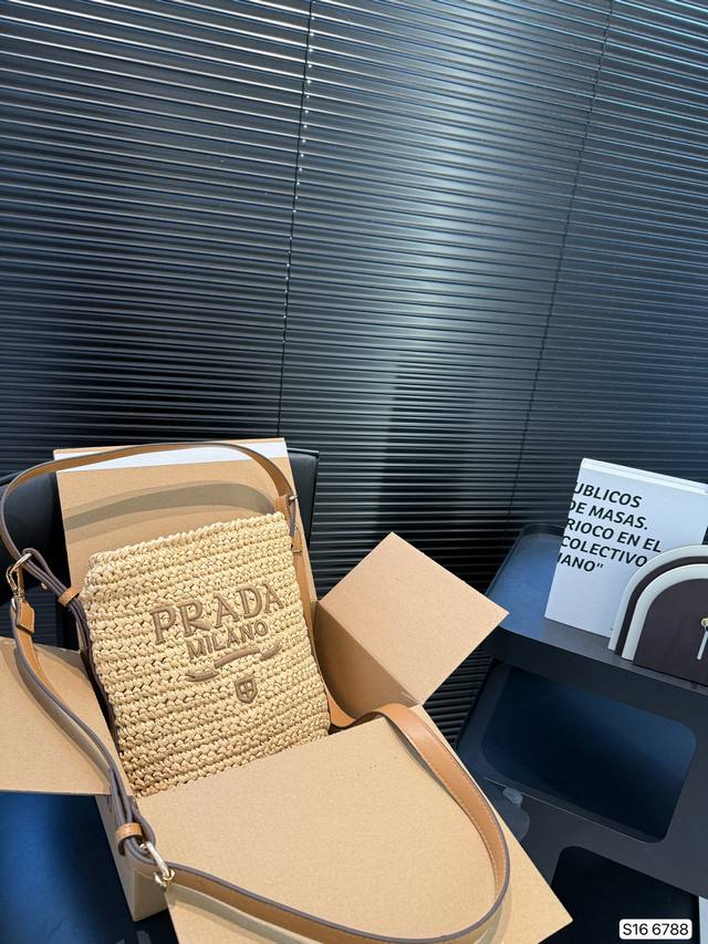 With Box Prada Woven Bucket Bag New Spring And Summer Bag Uses Rustic Natural Ra