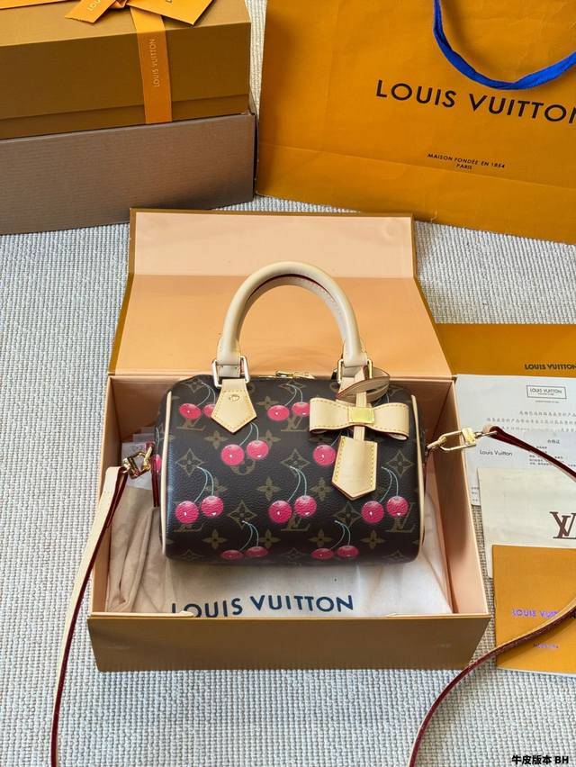 Cowhide Version Lv Speedy Cherry Print 20 Pillow Bag Lv New Series City Keepal H