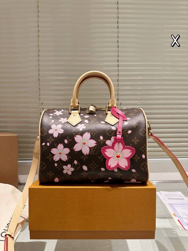 Cowhide Version Lv Speedy Pillow Bag Murakami Takashi Sakura Series Lv Speedy 30