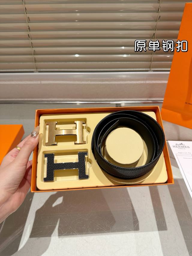Double-Headed Steel Buckle High Version Belt Hermes Cowhide Belt Popular Model U
