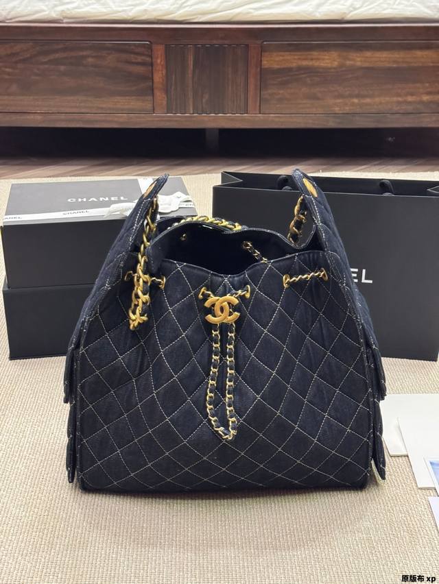 Original Cloth Chanel 25S Dark Blue Denim Hobo Chanel Denim Embroidered Shopping