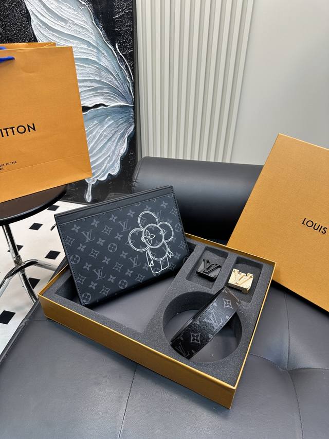 Toiletry Bag + Money Belt Set Lv High Version Full Steel Hardware Belt Belt Popu