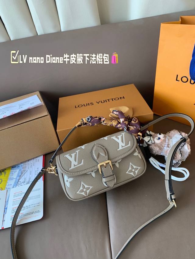 Cowhide Version With Scarf Pendant Lv Nano Diane Cowhide Underarm Baguette Bag F