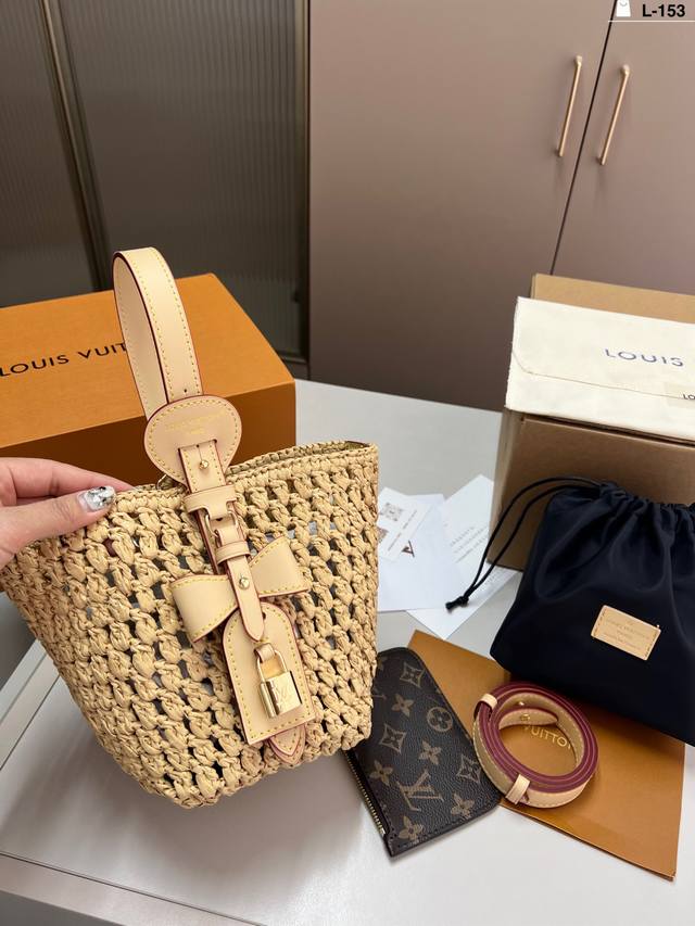 With Liner Decorative Lock Without Key Lv Louis Vuitton Straw Bucket Bag L-153 S