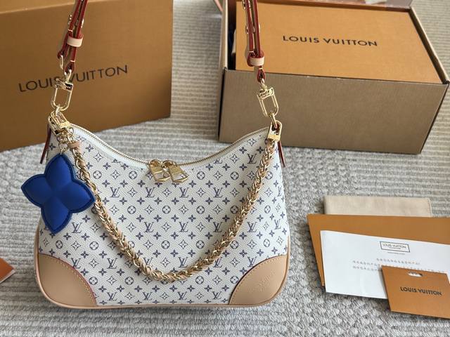Gift box packaging Lv New Boulogne croissant bag Zipper old flower leather shoul