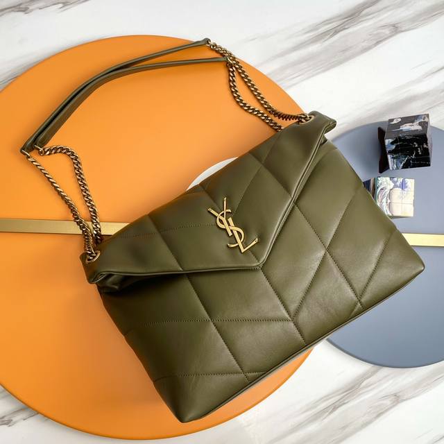 Olive green gold buckle original 35cm Loulou Puffer quilted lambskin bag, made