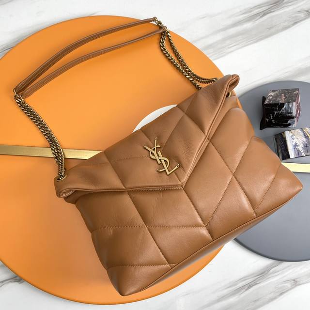 Caramel gold buckle original 35cm Loulou Puffer quilted lambskin bag, made of 1
