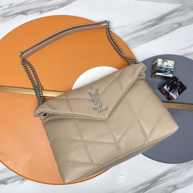 Apricot silver buckle original 35cm Loulou Puffer quilted lambskin bag, made of