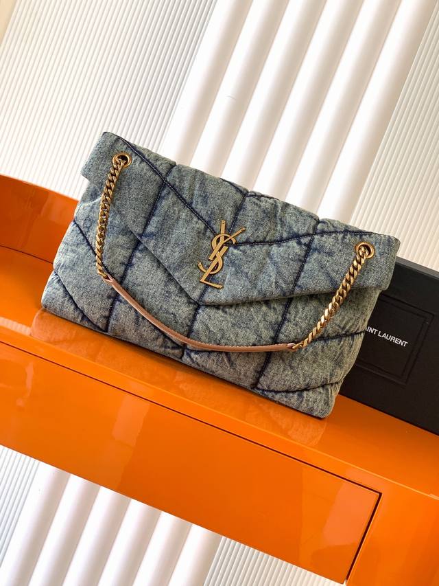 P Exclusive background denim gold Loulou Puffer denim pattern large quilted bag,