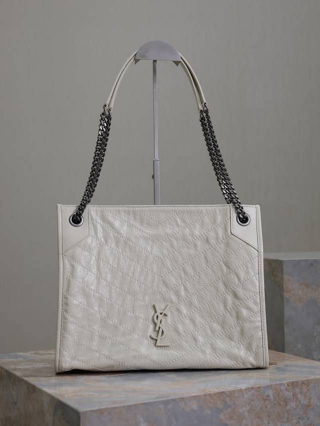 Creamy White Niki Shopping Bag_ Made from Italian imported wrinkled waxed cowhid