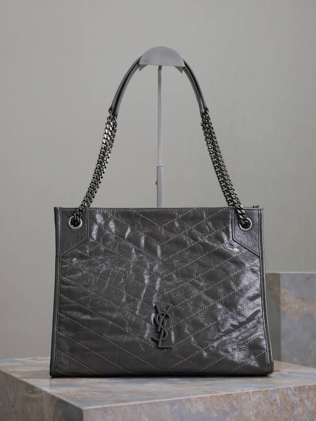 Dark Gray Niki Shopping Bag_ Italian imported wrinkled waxed cowhide, hardware i