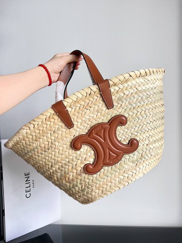 Original cowhide Celine classic palm leaf and cowhide basket bag with original c