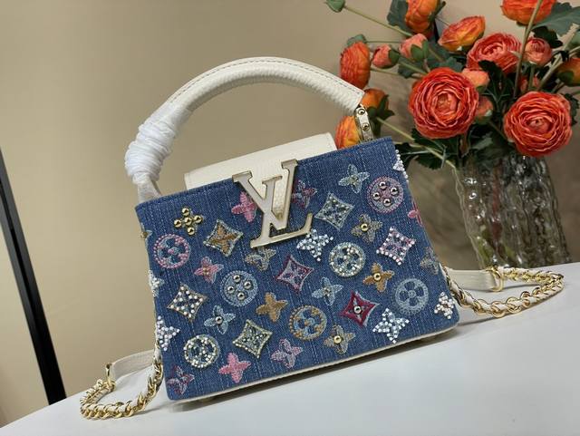 Top original replica exclusive real shot Capucines mini handbag M12947 blue deni