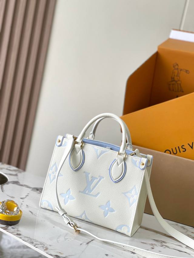 Premium Mb original leather Onthego small handbag Model: M46833 Ice White Blue M