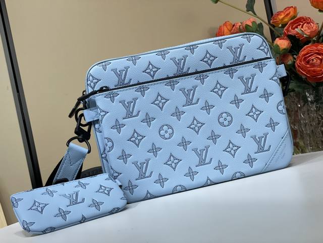 Exclusive Trio Messenger Bag M14781 Light Blue Stripe Embossed Made from soft Mo