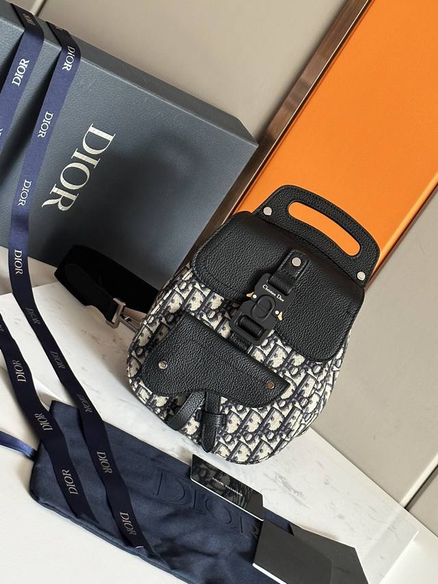 Top Original Dio Oblique Black Cowhide_Jacquard Mini Saddle Bag Small chest bag