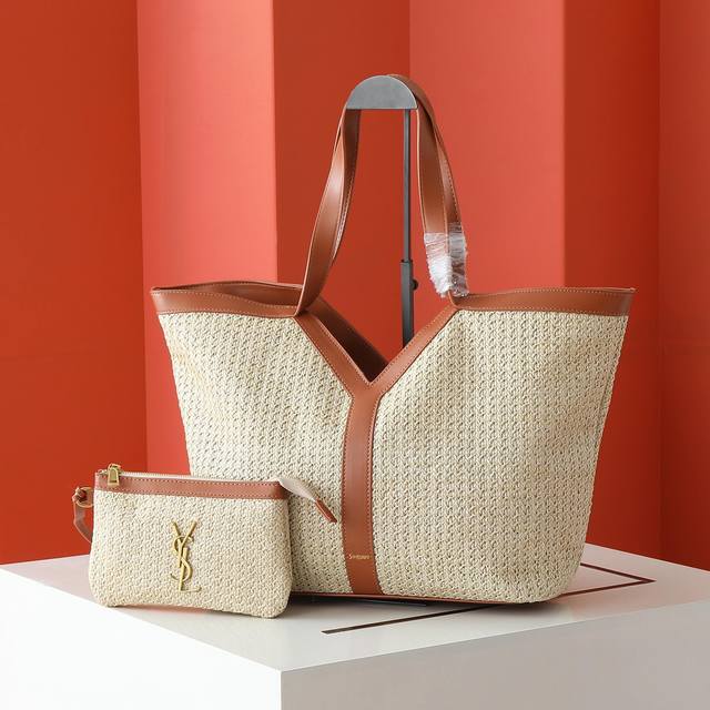 Size: 50, 31, 11 Ysl Saint Laurent straw tote bag Extra large straw with leather