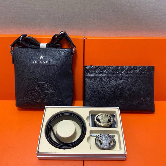 Versace First-layer leather combination gift box packaging belt two bags super c