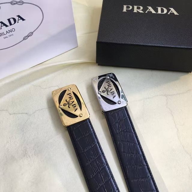New Prada men's high-end business style width 3.8cm double-sided top layer cowhi