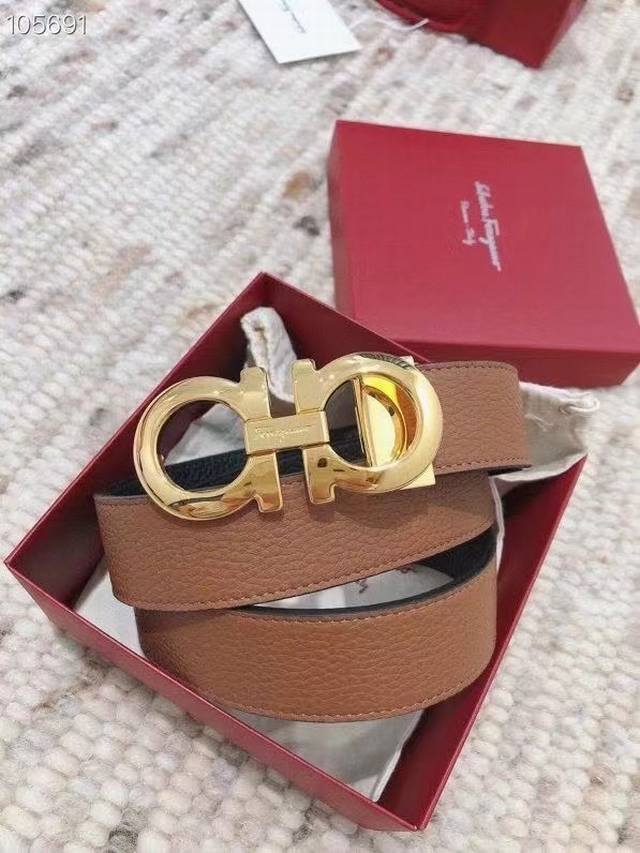 Ferragamo original double-sided imported calfskin belt. Black and khaki two-tone