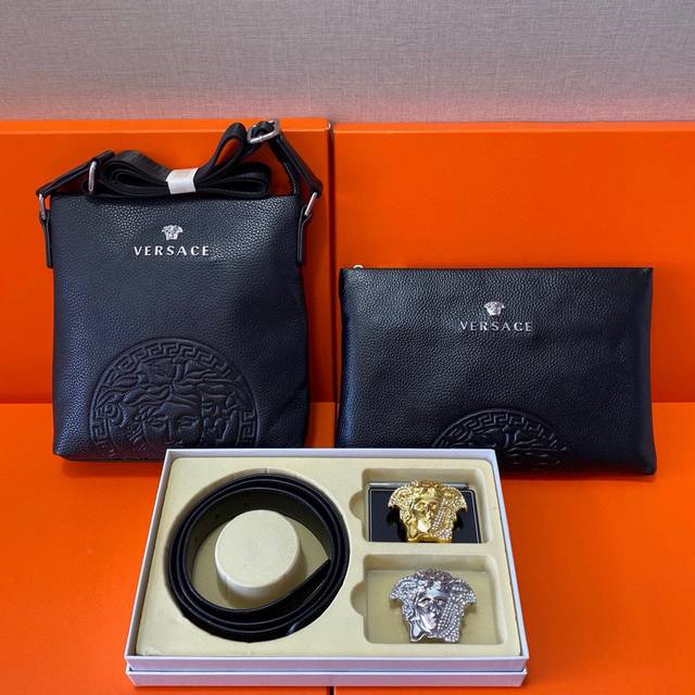 Versace First-layer leather combination gift box packaging belt two bags super c