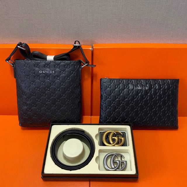 Gucci First layer leather combination gift box packaging belt two bags super com