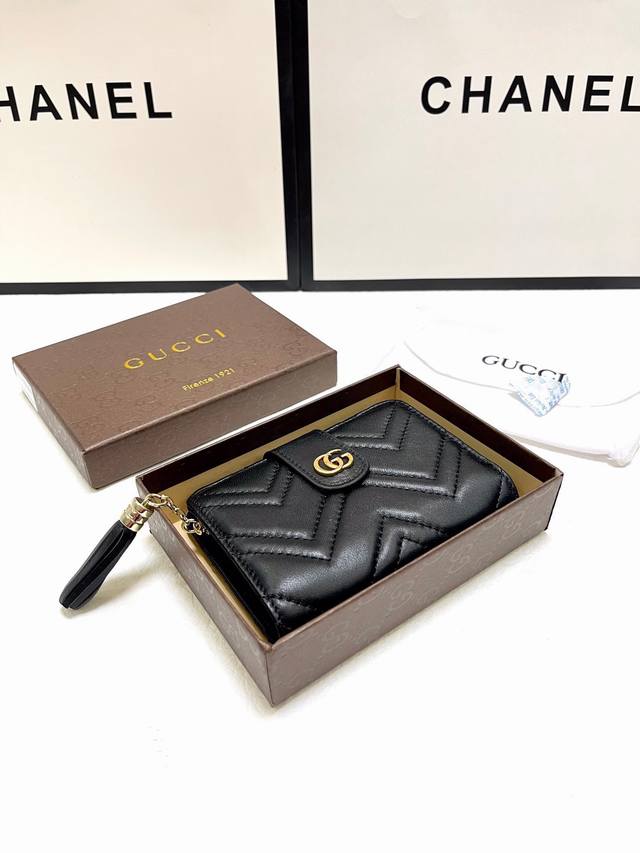 Color Black Size 15X10 Gucci style tri-fold short wallet Imported sheepskin text