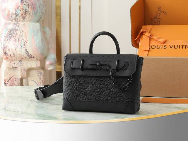 Top original home real shot M24436 Black full leather embossed men's bag crossbo