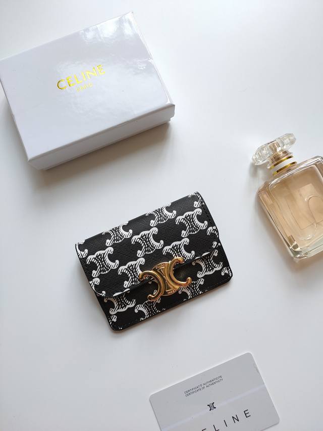 Celine's latest Triomphe logo printed card holder, gold finish, snap button clos