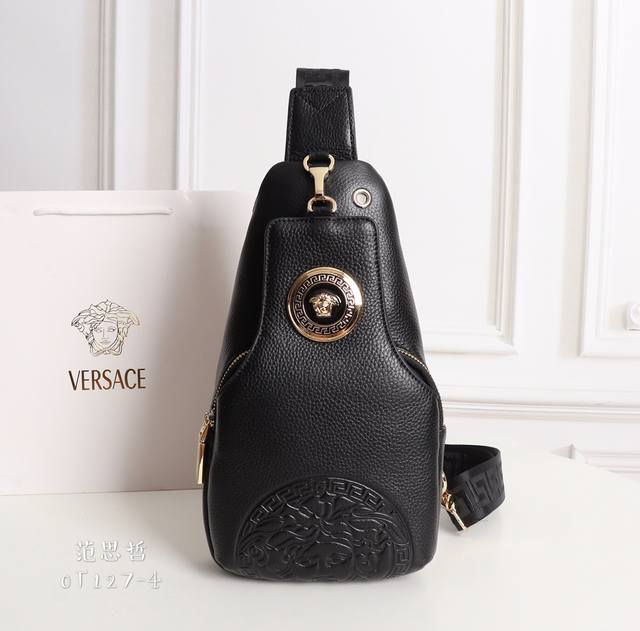 batch. This soft cowhide chest bag is decorated with a large embossed Medusa cir