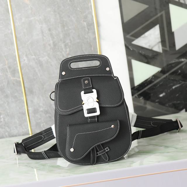 Original Dio Mini Saddle Backpack with signature black grained cowhide leather d