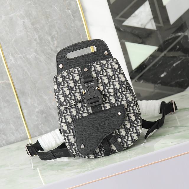 Original Dio Oblique jacquard Mini Saddle Backpack with signature black grained