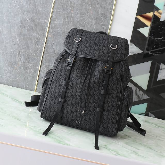 Dior Hit The Road Flap Backpack Black Oblique Print Fabric and Black Grained Cal