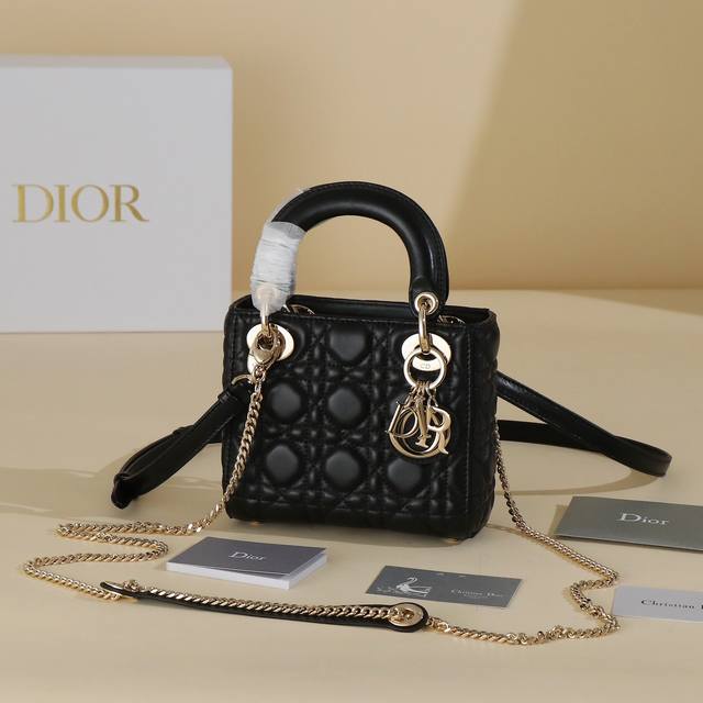 Mini Lady Dior Handbag Three-grid Lady Dior Black lambskin rattan pattern Lady D