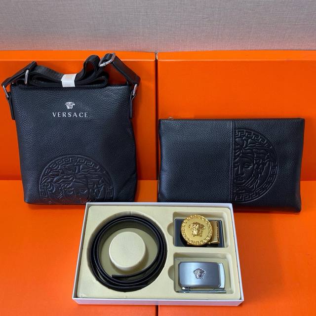 Versace First-layer leather combination gift box packaging belt two bags super c