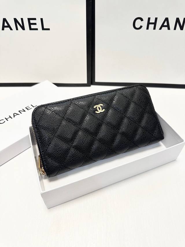 Color Black Size 19X10 Real shot of Chanel's popular caviar single zipper wallet