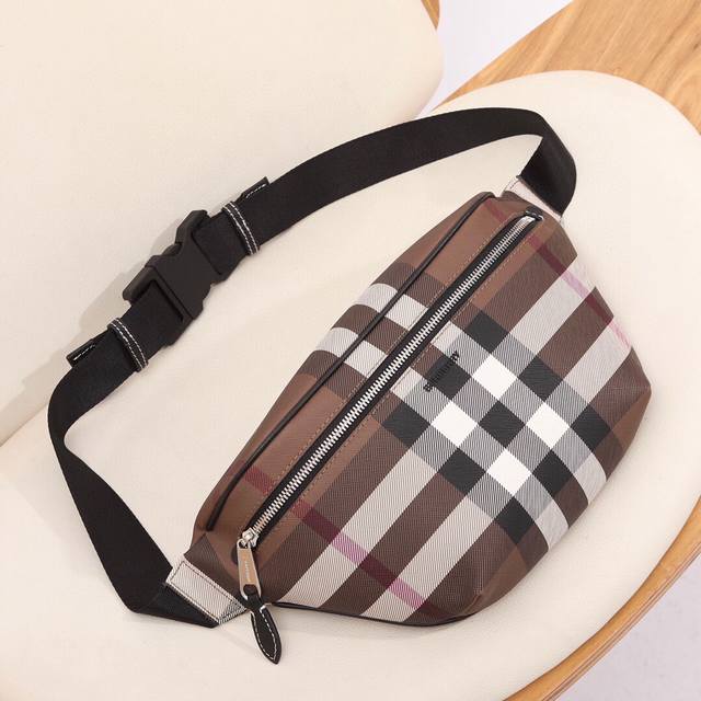 The latest birch brown check waist bag, presenting the iconic check design, deco