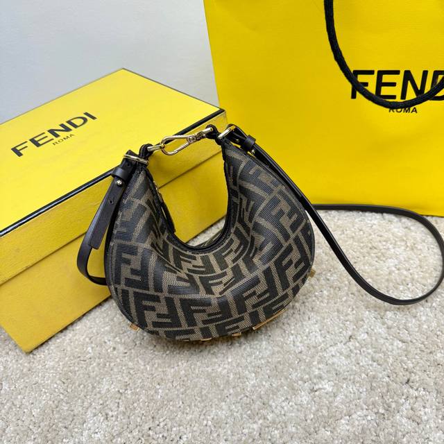 Mini Crescent Bag in brown Ff jacquard fabric with vintage gold metal Fendi lett