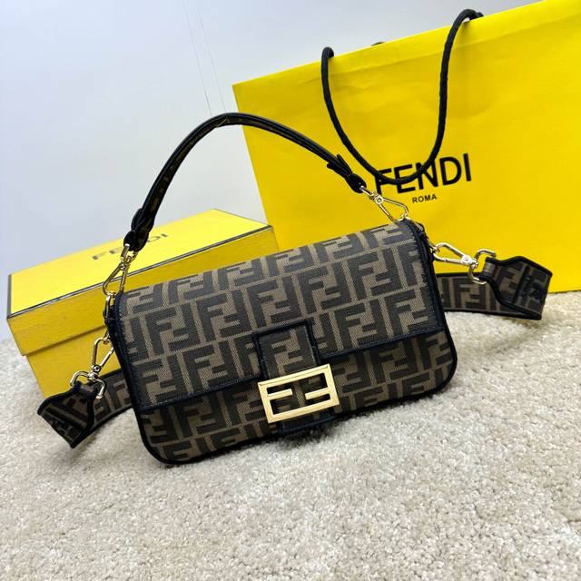 Fend1's iconic Baguette medium handbag features a flap design with a Ff magnetic