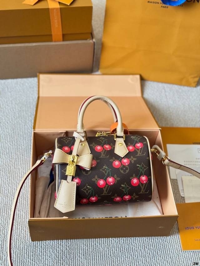 Cowhide version Lv Speedy 20 Cherry print pillow bag Lv new series City Keepal h