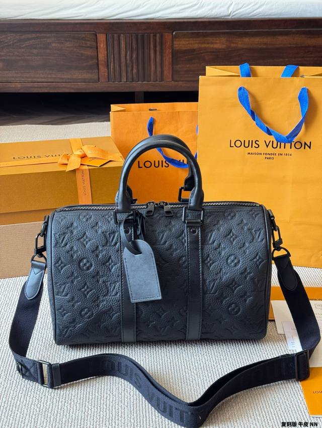 replica cowhide Bai Jingting same style Lv Keepall35 black leather handsome men