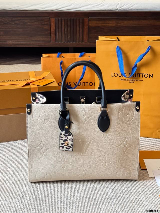 First layer cowhide Lv Onthego 35Cm printed jungle bag folding gift box original
