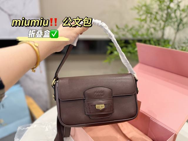 with folding box packaging Size: 23*12Cm Miumiu briefcase is made of calf leathe