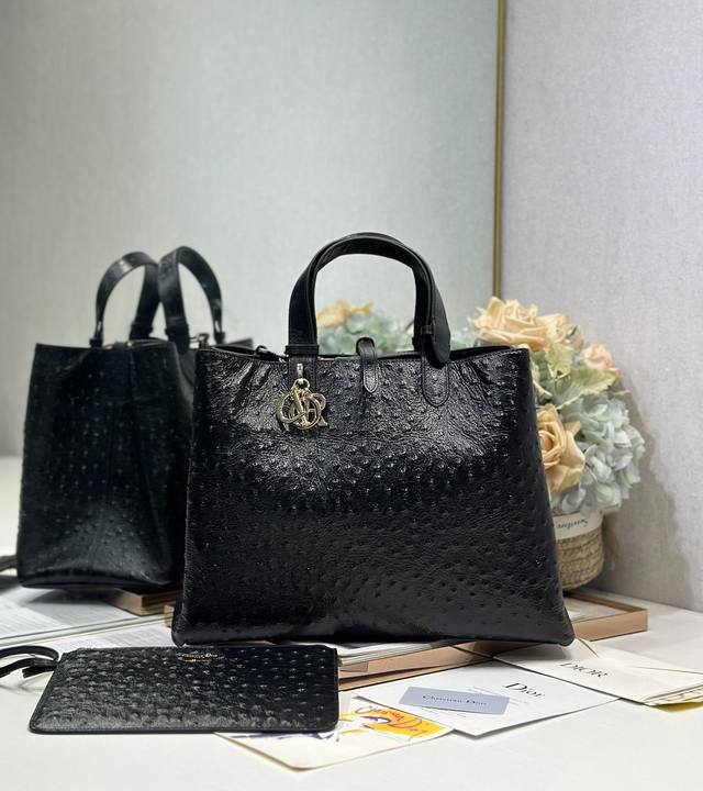 authentic, high version Diortoujours handbag [large black size with ostrich pat