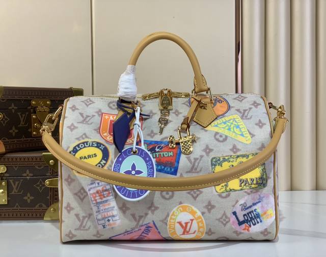 Top original with airplane Speedy Soft 30 handbag M14587 white flower badge This