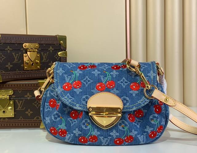 Top Original Sunset Shoulder Bag M13680 Denim Cherry Made from Monogram denim,