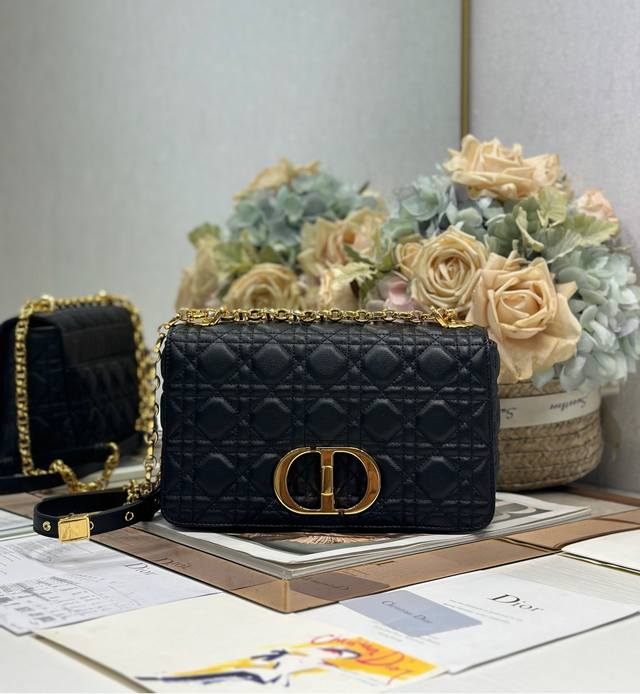 Dior Caro Small rattan check handbag medium black gold buckle Outer cow leather,