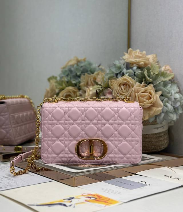 Dior Caro Small rattan check handbag medium light pink gold buckle Outer cow lea